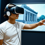 A diverse young adult, fully clothed in appropriate, modest professional attire, wearing a sleek VR headset, actively exploring a meticulously rendered virtual museum exhibit. The scene captures the individual "stepping into" a digital recreation of a historical hall, possibly the Vietnamese National History Museum, with detailed virtual artifacts and interactive displays surrounding them. The lighting is soft and inviting, emphasizing the immersive experience. The image conveys the essence of interactive learning and discovery. safe for work, appropriate content, fully clothed, professional, perfect anatomy, correct proportions, natural pose, well-formed hands, proper finger count, natural body proportions, high quality, professional photography.