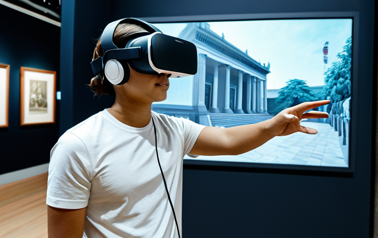A diverse young adult, fully clothed in appropriate, modest professional attire, wearing a sleek VR headset, actively exploring a meticulously rendered virtual museum exhibit. The scene captures the individual "stepping into" a digital recreation of a historical hall, possibly the Vietnamese National History Museum, with detailed virtual artifacts and interactive displays surrounding them. The lighting is soft and inviting, emphasizing the immersive experience. The image conveys the essence of interactive learning and discovery. safe for work, appropriate content, fully clothed, professional, perfect anatomy, correct proportions, natural pose, well-formed hands, proper finger count, natural body proportions, high quality, professional photography.
